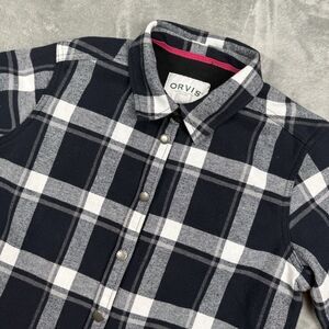 Orvis Plaid Flannel Shacket Men's Large Black White Long Sleeve Collared Outdoor